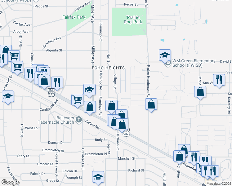 map of restaurants, bars, coffee shops, grocery stores, and more near 5386 Village Lane in Fort Worth
