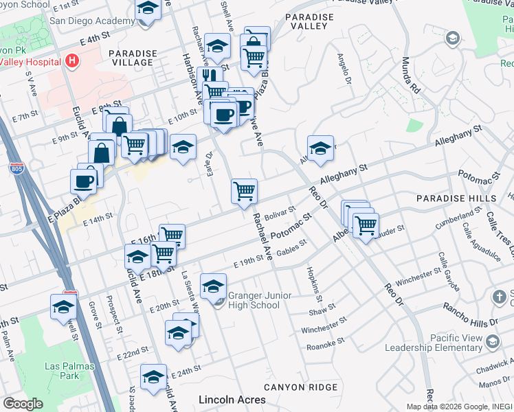 map of restaurants, bars, coffee shops, grocery stores, and more near 3106 East 16th Street in National City