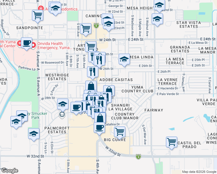 map of restaurants, bars, coffee shops, grocery stores, and more near 2714 South Virginia Drive in Yuma