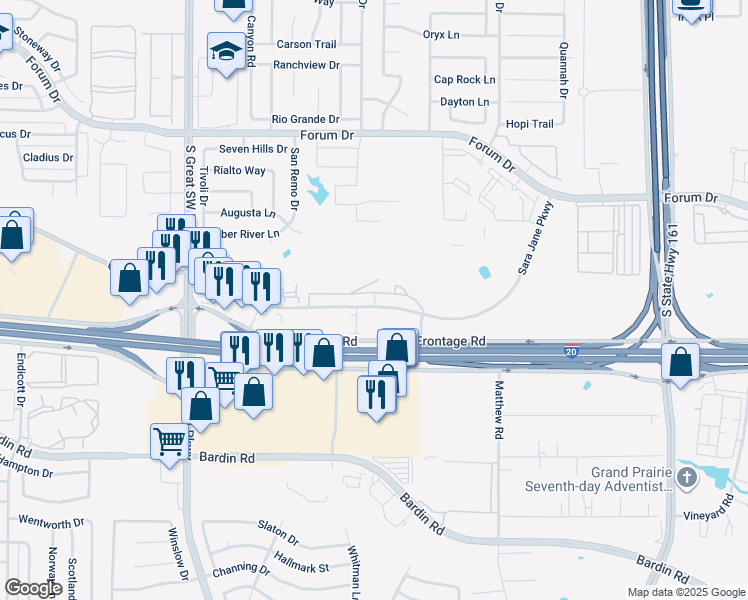 map of restaurants, bars, coffee shops, grocery stores, and more near 2250 Sara Jane Parkway in Grand Prairie
