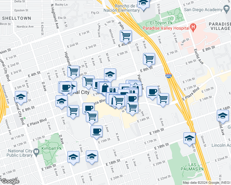 map of restaurants, bars, coffee shops, grocery stores, and more near 1005 L Avenue in National City