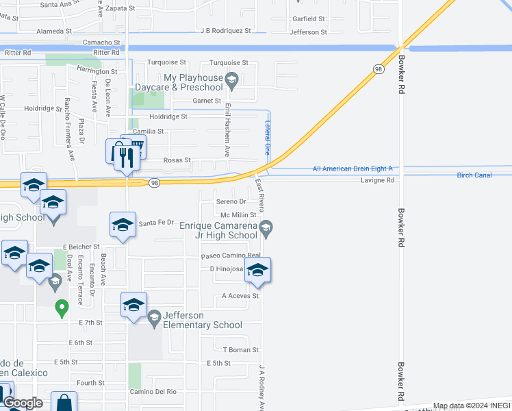 map of restaurants, bars, coffee shops, grocery stores, and more near 1252 Sereno Drive in Calexico