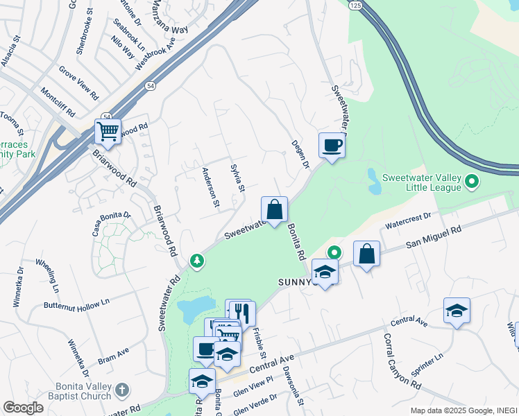 map of restaurants, bars, coffee shops, grocery stores, and more near 5305 Sweetwater Road in Bonita