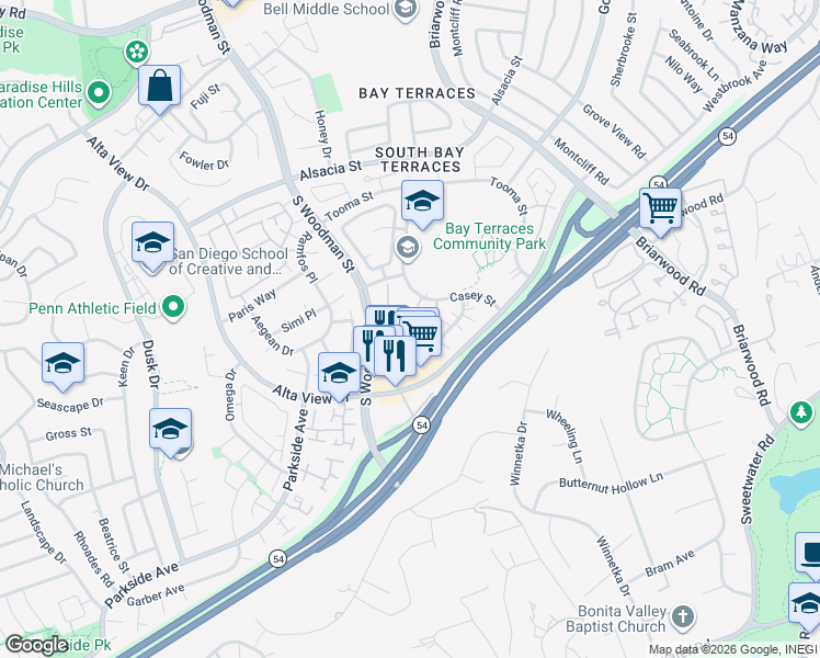 map of restaurants, bars, coffee shops, grocery stores, and more near 6964 Appian Drive in San Diego