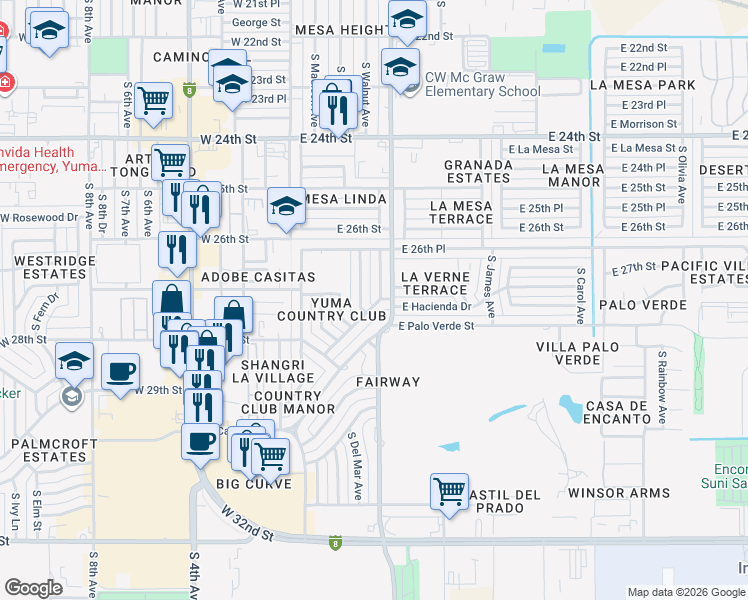 map of restaurants, bars, coffee shops, grocery stores, and more near 376 East Hacienda Drive in Yuma