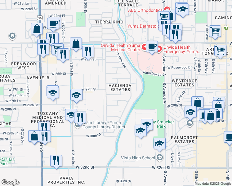 map of restaurants, bars, coffee shops, grocery stores, and more near 1786 W 27th Ln in Yuma