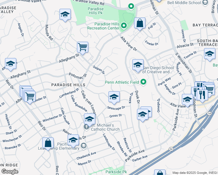 map of restaurants, bars, coffee shops, grocery stores, and more near 6385 Viewpoint Drive in San Diego