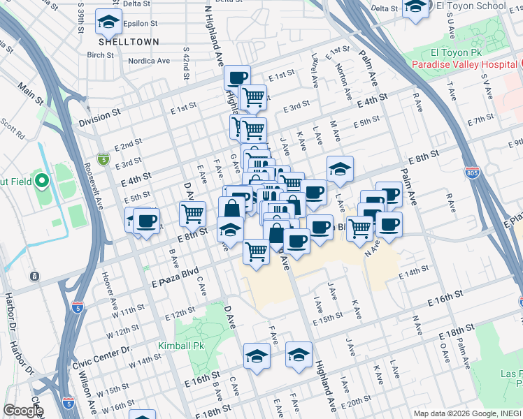 map of restaurants, bars, coffee shops, grocery stores, and more near in National City