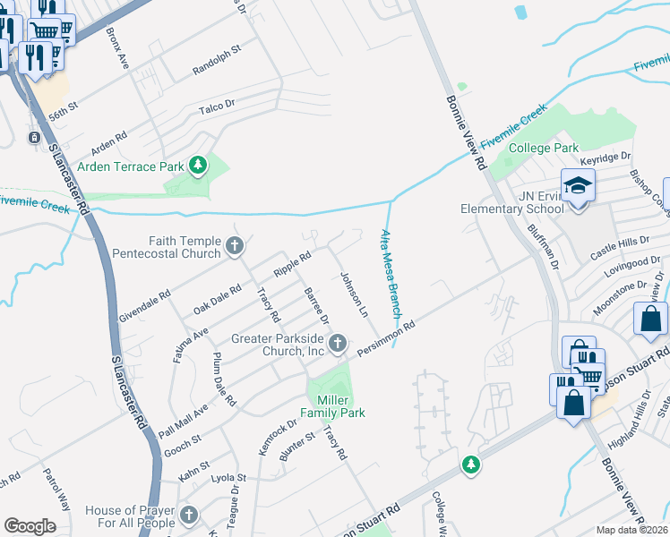 map of restaurants, bars, coffee shops, grocery stores, and more near 5827 Johnson Lane in Dallas