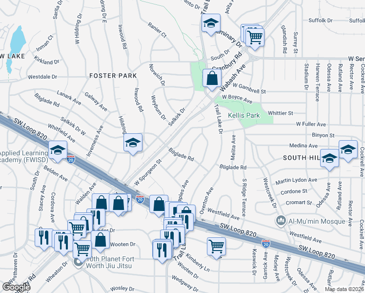 map of restaurants, bars, coffee shops, grocery stores, and more near 3812 Bilglade Road in Fort Worth