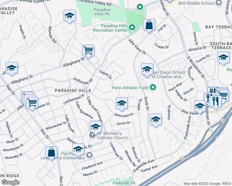 map of restaurants, bars, coffee shops, grocery stores, and more near 6385 Viewpoint Drive in San Diego