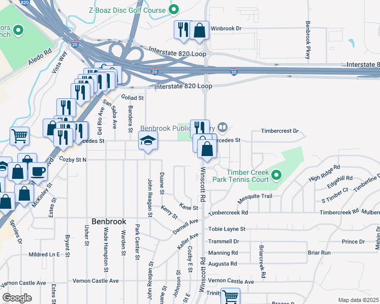 map of restaurants, bars, coffee shops, grocery stores, and more near 930 Winscott Road in Benbrook