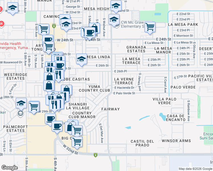 map of restaurants, bars, coffee shops, grocery stores, and more near 376 East Hacienda Drive in Yuma