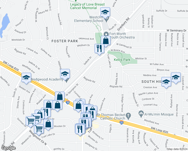 map of restaurants, bars, coffee shops, grocery stores, and more near 4740 Lowell Lane in Fort Worth