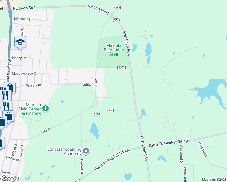 map of restaurants, bars, coffee shops, grocery stores, and more near 6273 FM 1254 in Mineola