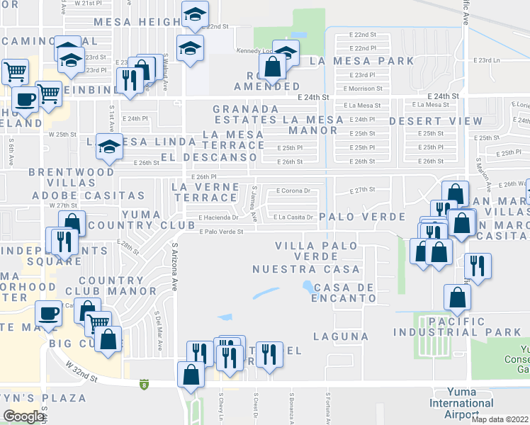 map of restaurants, bars, coffee shops, grocery stores, and more near 2714 South La Cruz Avenue in Yuma