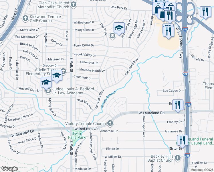 map of restaurants, bars, coffee shops, grocery stores, and more near 614 Glen Oaks Boulevard in Dallas