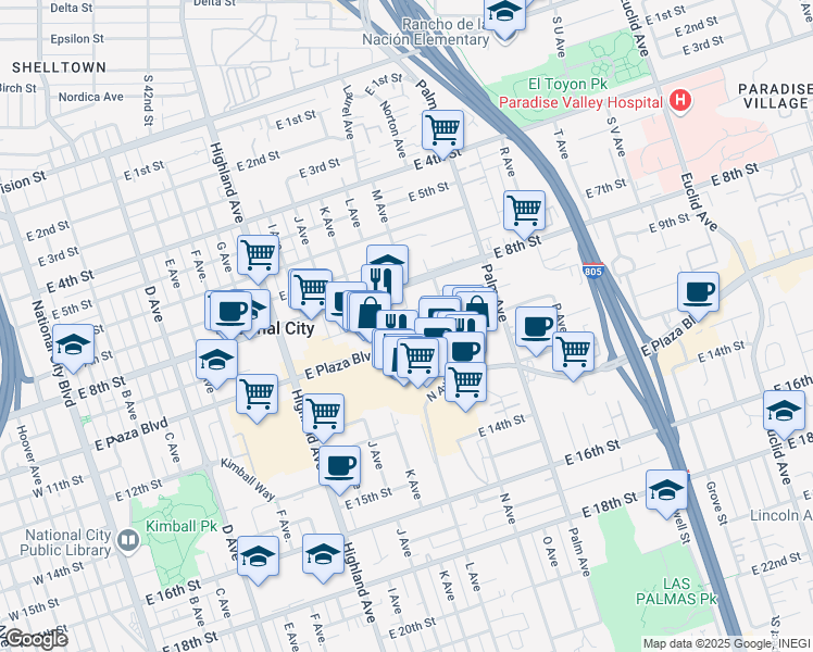 map of restaurants, bars, coffee shops, grocery stores, and more near 1005 L Avenue in National City