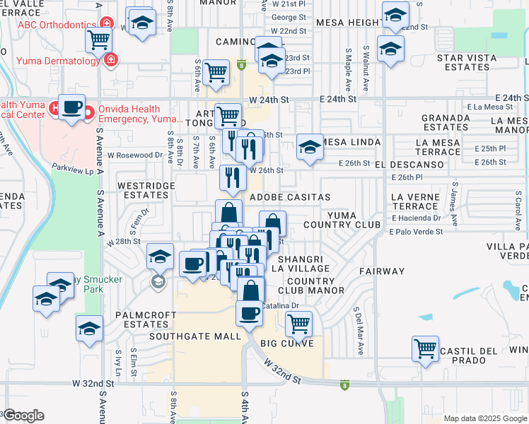 map of restaurants, bars, coffee shops, grocery stores, and more near 2755 South 4th Avenue in Yuma
