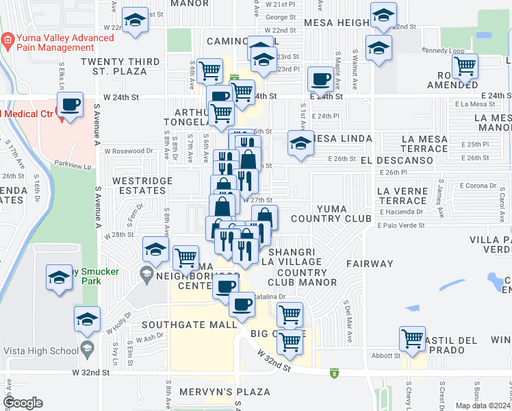 map of restaurants, bars, coffee shops, grocery stores, and more near 2755 South 4th Avenue in Yuma