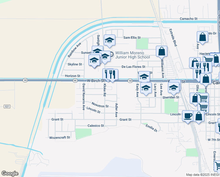 map of restaurants, bars, coffee shops, grocery stores, and more near 812 Salvador Guilin Street in Calexico