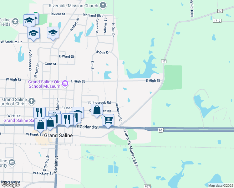 map of restaurants, bars, coffee shops, grocery stores, and more near 408 Bradburn Road in Grand Saline