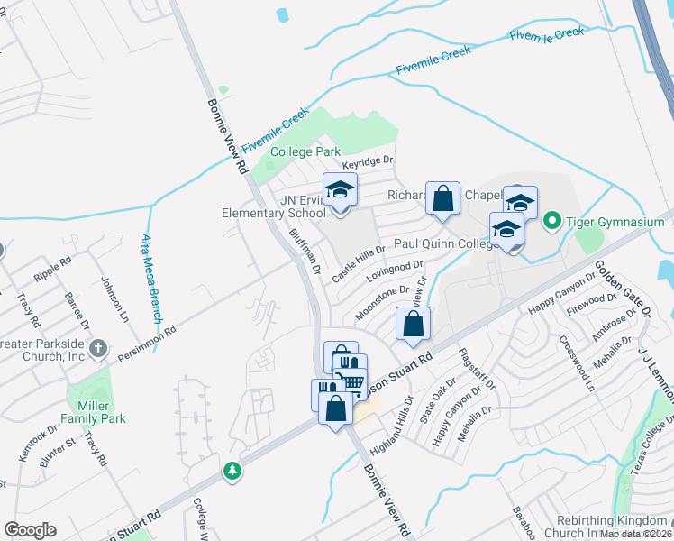map of restaurants, bars, coffee shops, grocery stores, and more near 5838 Bluffman Drive in Dallas
