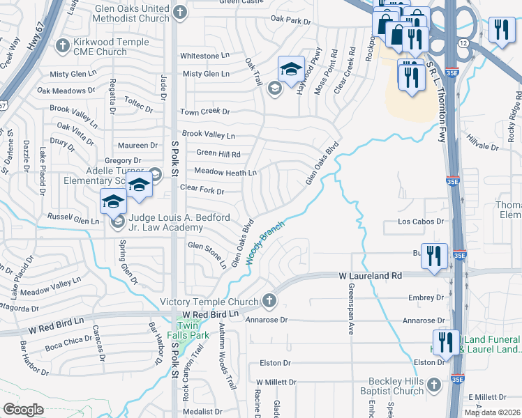 map of restaurants, bars, coffee shops, grocery stores, and more near 614 Glen Oaks Boulevard in Dallas