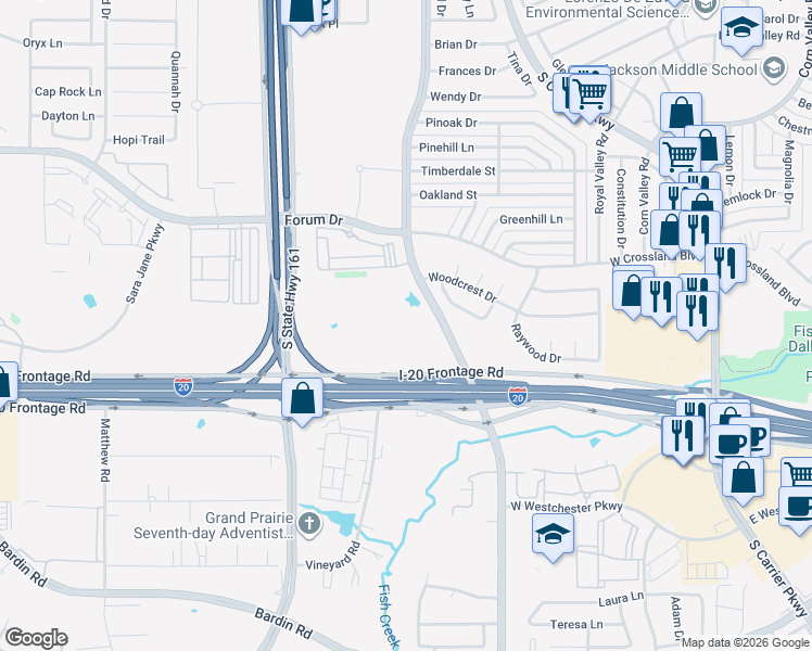 map of restaurants, bars, coffee shops, grocery stores, and more near 3900 South Robinson Road in Grand Prairie