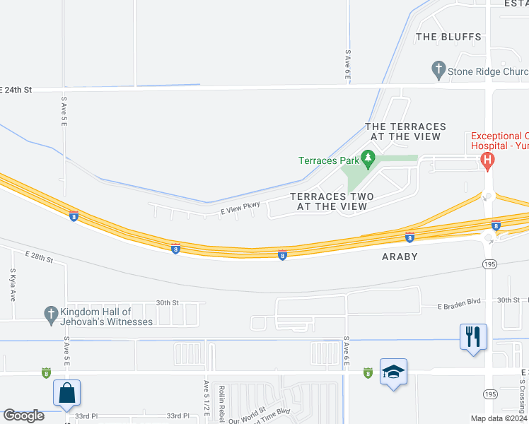 map of restaurants, bars, coffee shops, grocery stores, and more near 2768 South Panorama Avenue in Yuma