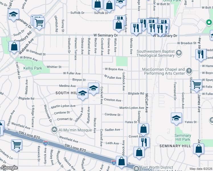 map of restaurants, bars, coffee shops, grocery stores, and more near 4766 Greene Avenue in Fort Worth