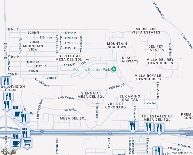 map of restaurants, bars, coffee shops, grocery stores, and more near 11806 East Alpha Way in Yuma