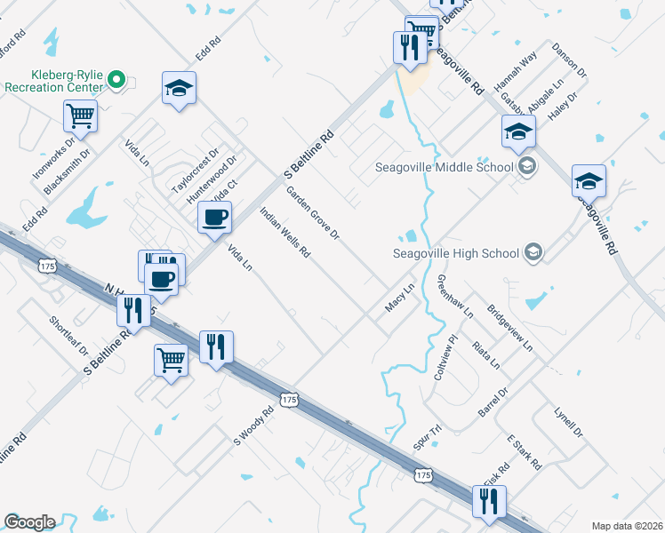 map of restaurants, bars, coffee shops, grocery stores, and more near 13800 Indian Wells Road in Dallas