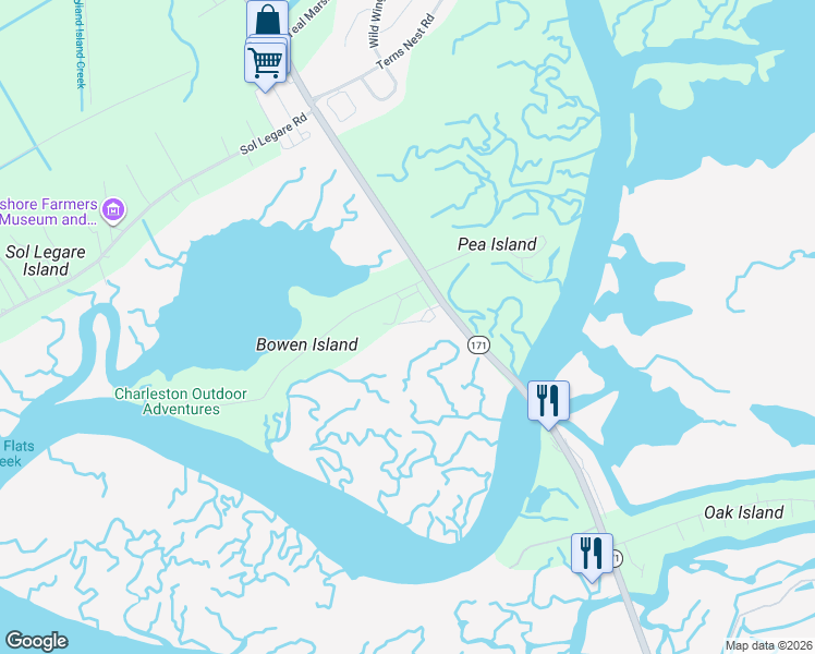 map of restaurants, bars, coffee shops, grocery stores, and more near Tides End Rd in Charleston
