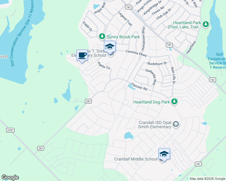 map of restaurants, bars, coffee shops, grocery stores, and more near 3411 Fletcher Road in Crandall