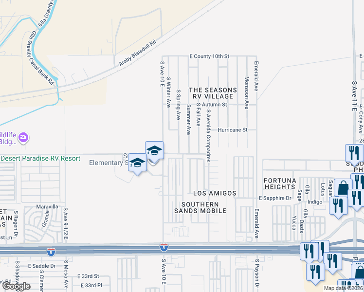 map of restaurants, bars, coffee shops, grocery stores, and more near 10314-10504 Summer Avenue in Yuma