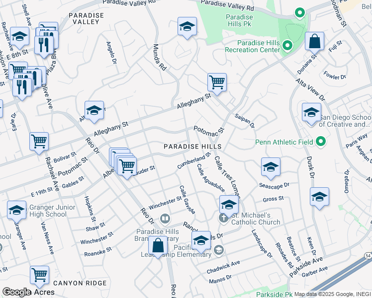 map of restaurants, bars, coffee shops, grocery stores, and more near 6152 Albemarle Street in San Diego