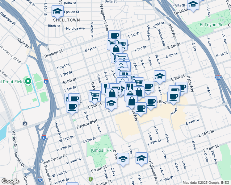 map of restaurants, bars, coffee shops, grocery stores, and more near 620 East 7th Street in National City