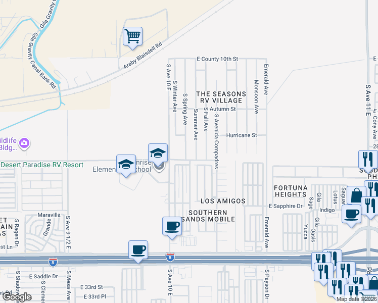 map of restaurants, bars, coffee shops, grocery stores, and more near 10314-10504 Summer Avenue in Yuma