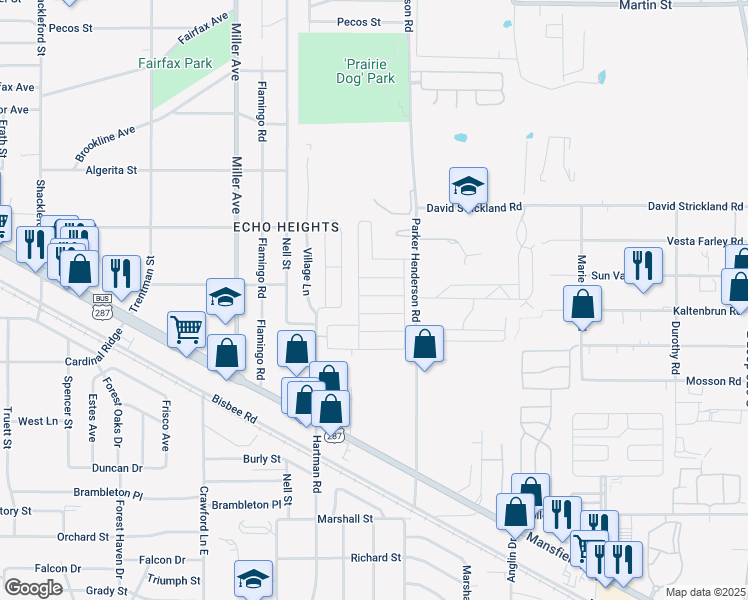map of restaurants, bars, coffee shops, grocery stores, and more near 5400 Parker Henderson Road in Fort Worth