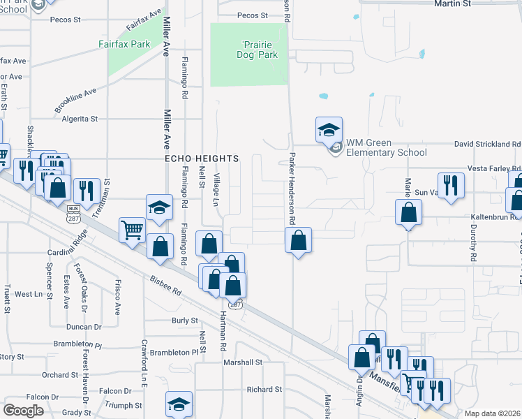 map of restaurants, bars, coffee shops, grocery stores, and more near 5400 Parker Henderson Road in Fort Worth