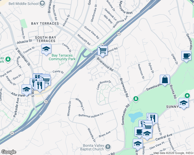 map of restaurants, bars, coffee shops, grocery stores, and more near 3069 Plaza Natalia in Bonita