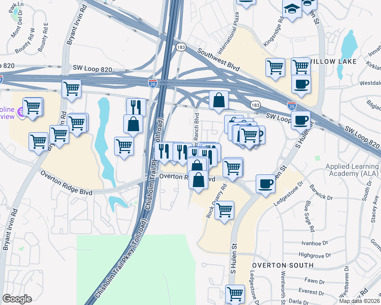 map of restaurants, bars, coffee shops, grocery stores, and more near 5213 Hunters Ridge in Fort Worth