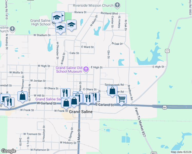 map of restaurants, bars, coffee shops, grocery stores, and more near 701 North Saline Street in Grand Saline