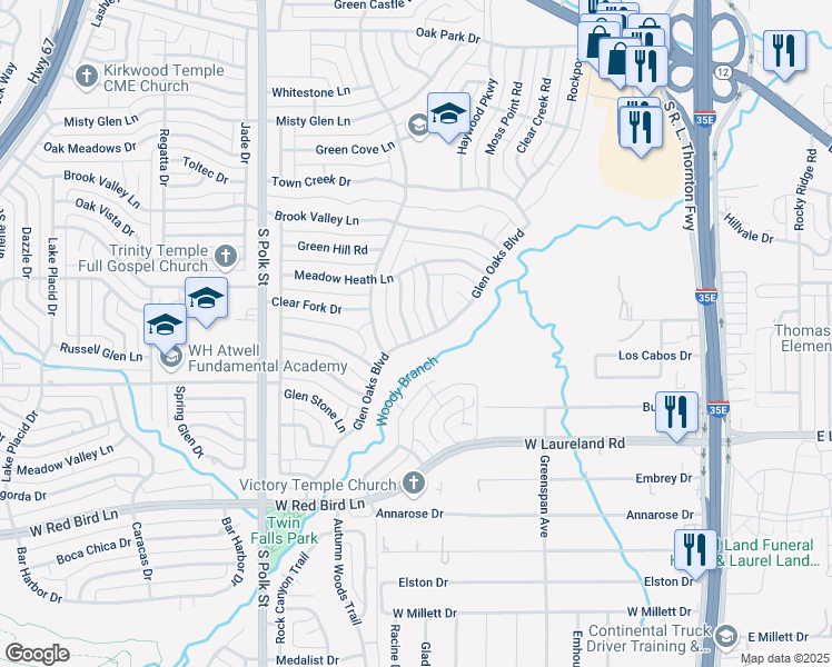 map of restaurants, bars, coffee shops, grocery stores, and more near 5441 Cherry Glen Lane in Dallas