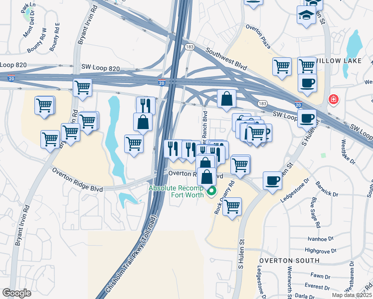 map of restaurants, bars, coffee shops, grocery stores, and more near 4850 River Ranch Boulevard in Fort Worth