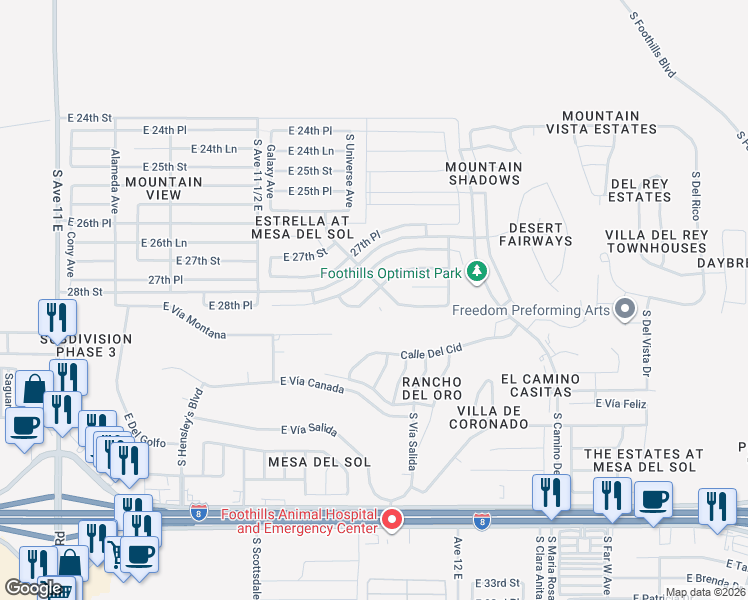 map of restaurants, bars, coffee shops, grocery stores, and more near 11727 East Omega Lane in Yuma