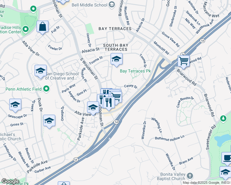 map of restaurants, bars, coffee shops, grocery stores, and more near 2742 Casey Street in San Diego