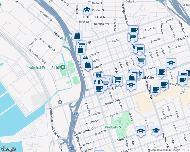 map of restaurants, bars, coffee shops, grocery stores, and more near 515 Lantana Drive in National City