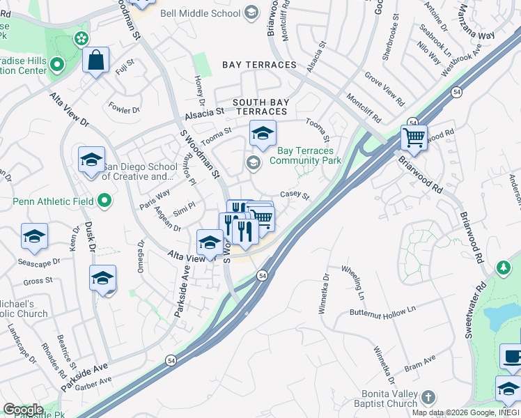 map of restaurants, bars, coffee shops, grocery stores, and more near 2728 Casey Street in San Diego